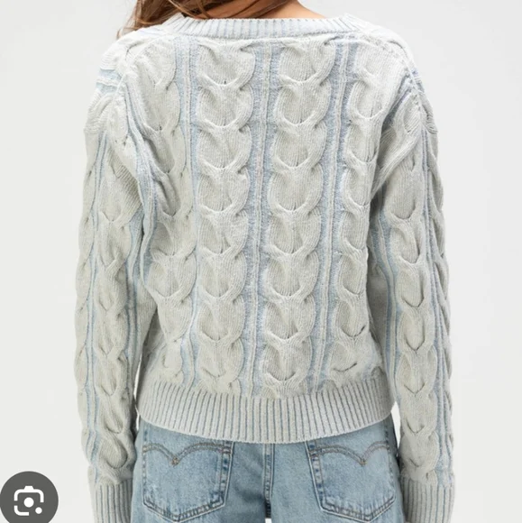 Free People Washed Cable V Neck Sweater Vintage Sky Blue Sz Small - Picture 2 of 8